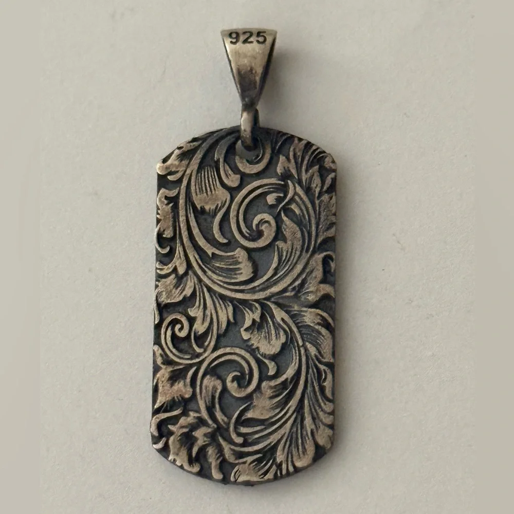 925 Silver rectangle pendant floral unisex